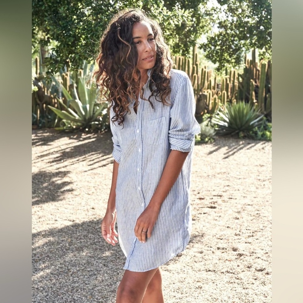 Frank & Eileen Mary Linen Shirt Dress Blue and White Stripe XL